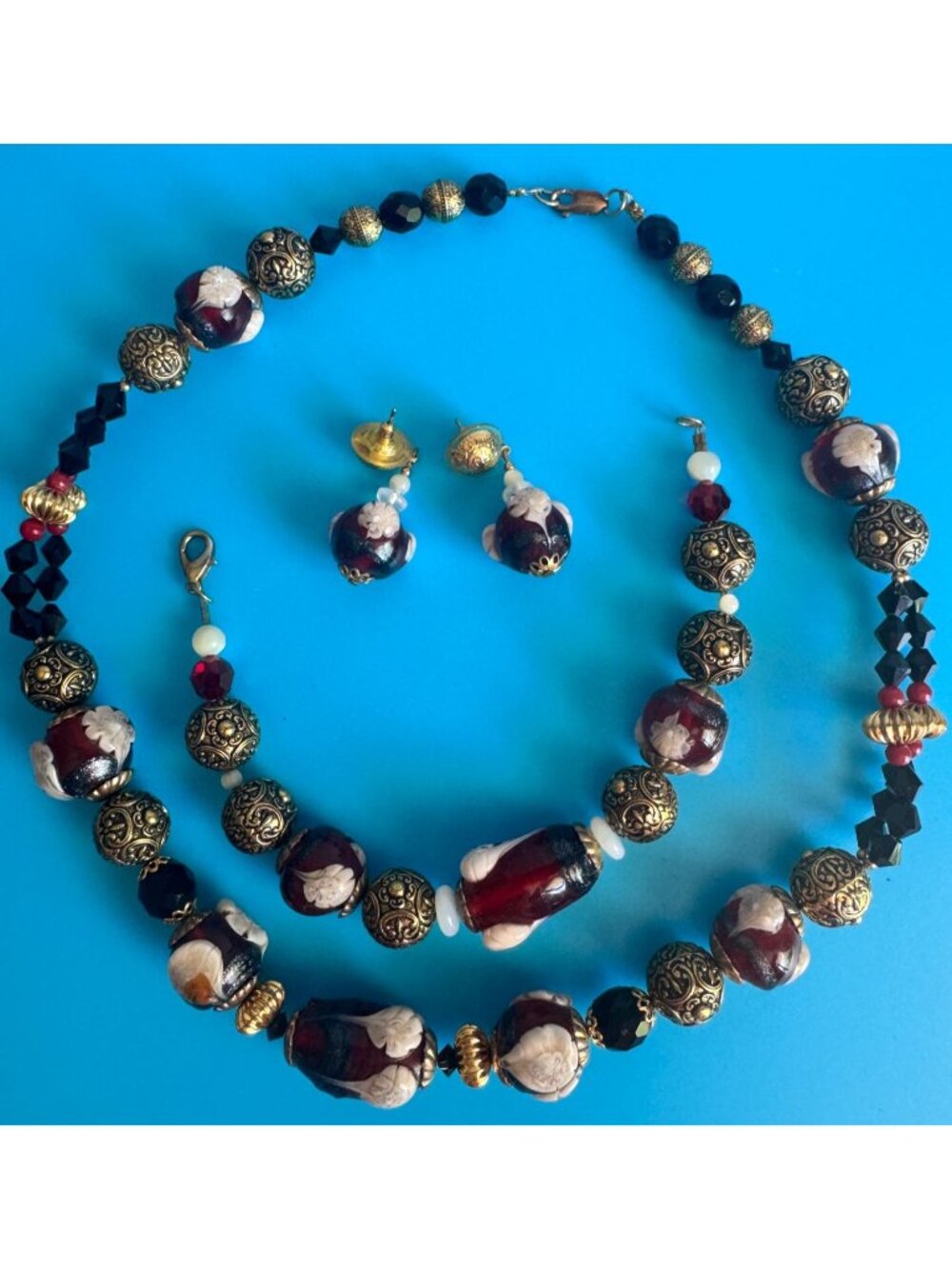Vintage Venetian Wedding Cake Art Glass Bead Necklace Bracelet Earring Set GF - Picture 2 of 7